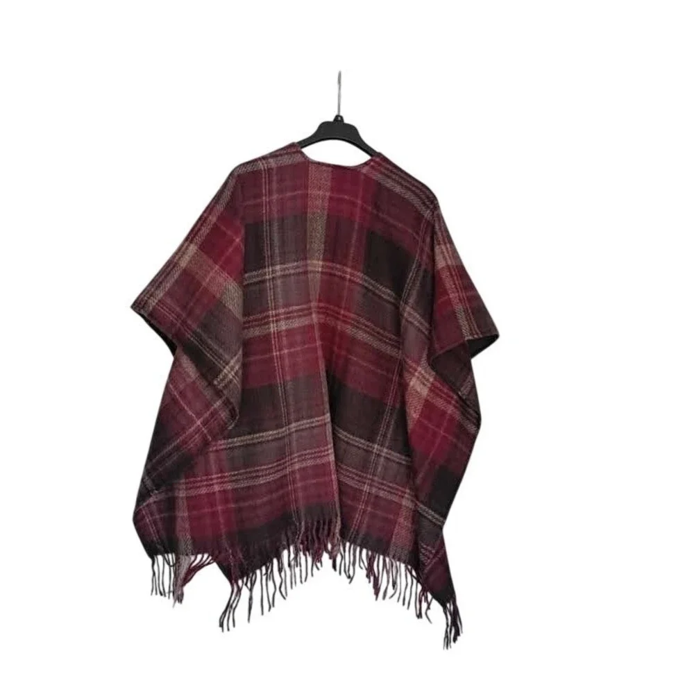 Woolrich Green Label Plaid Wrap Shawl Burgundy Wine‎ Fringed One Size Poncho